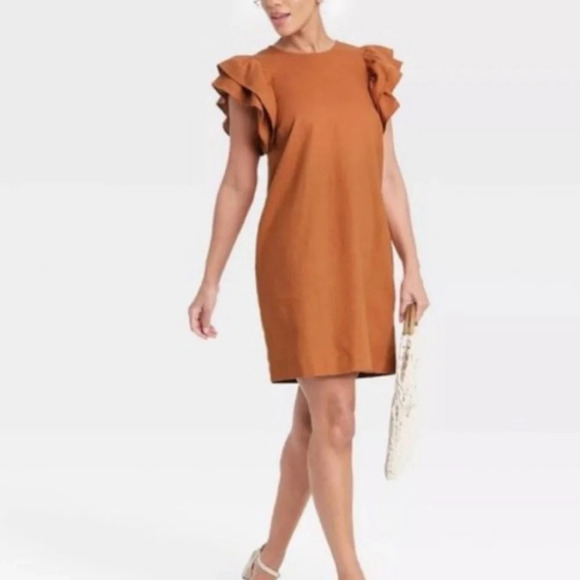 a new day Dresses & Skirts - A New Day Rust Ruffle Sleeve Knee Length Linen Sheath Dress Size XS